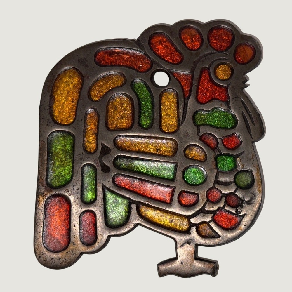 Vintage Mid Century Modern Rooster Trivet Stained Glass Style Cast Metal 5.5in